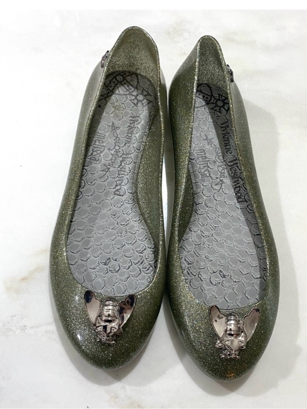 Vivienne Westwood x Melissa Olive Green Glitter Ballet Flats
